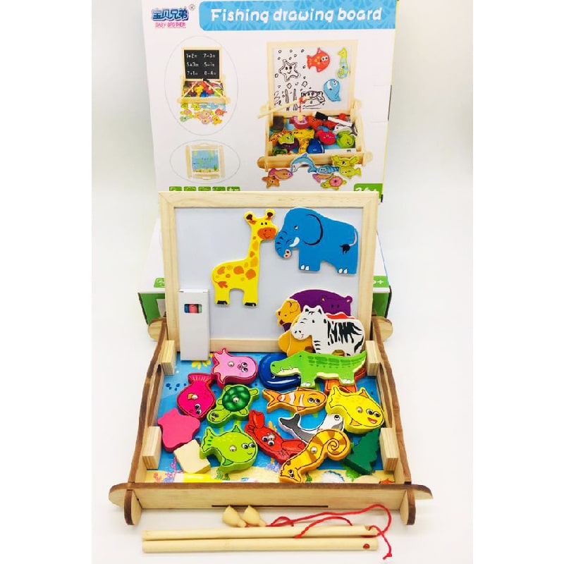 Magnetisk fiskeinnsjø m/kritt- og tusjtavle (dobbeltsidig) med trefigurer