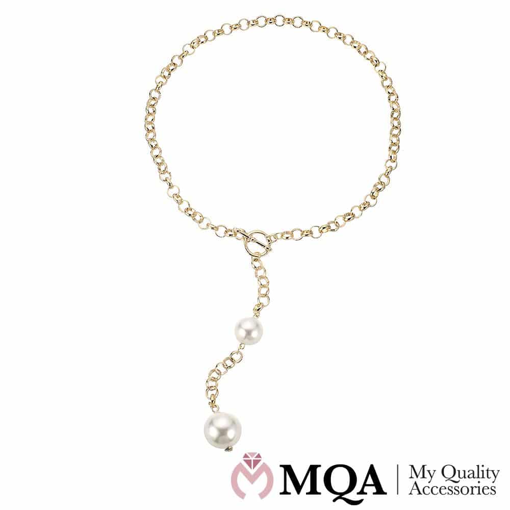 Gullfarget halskjede med 2 store perler