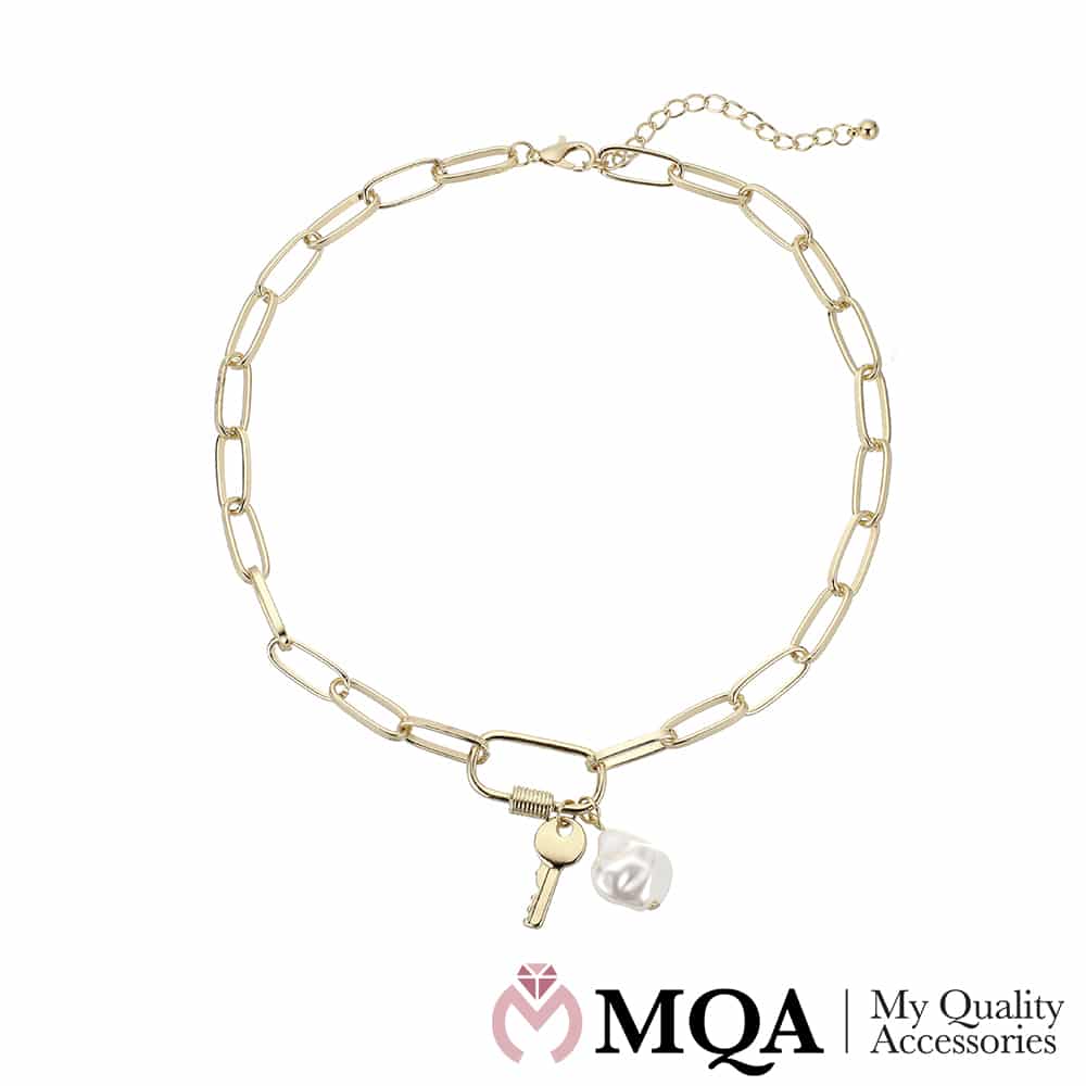 Gullfarget halskjede, anheng m/nøkkel, justerbart