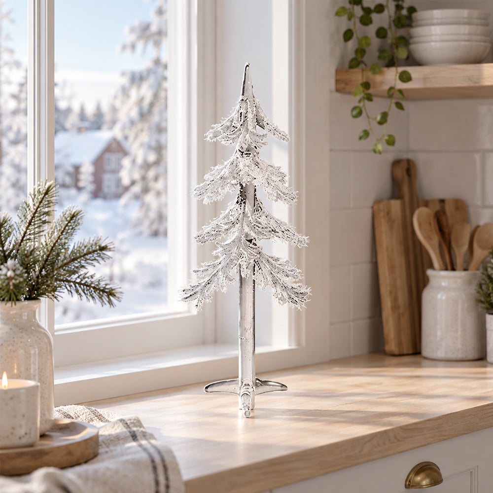 Elegant glassjuletre 22 cm m/snø – transparent juledekorasjon