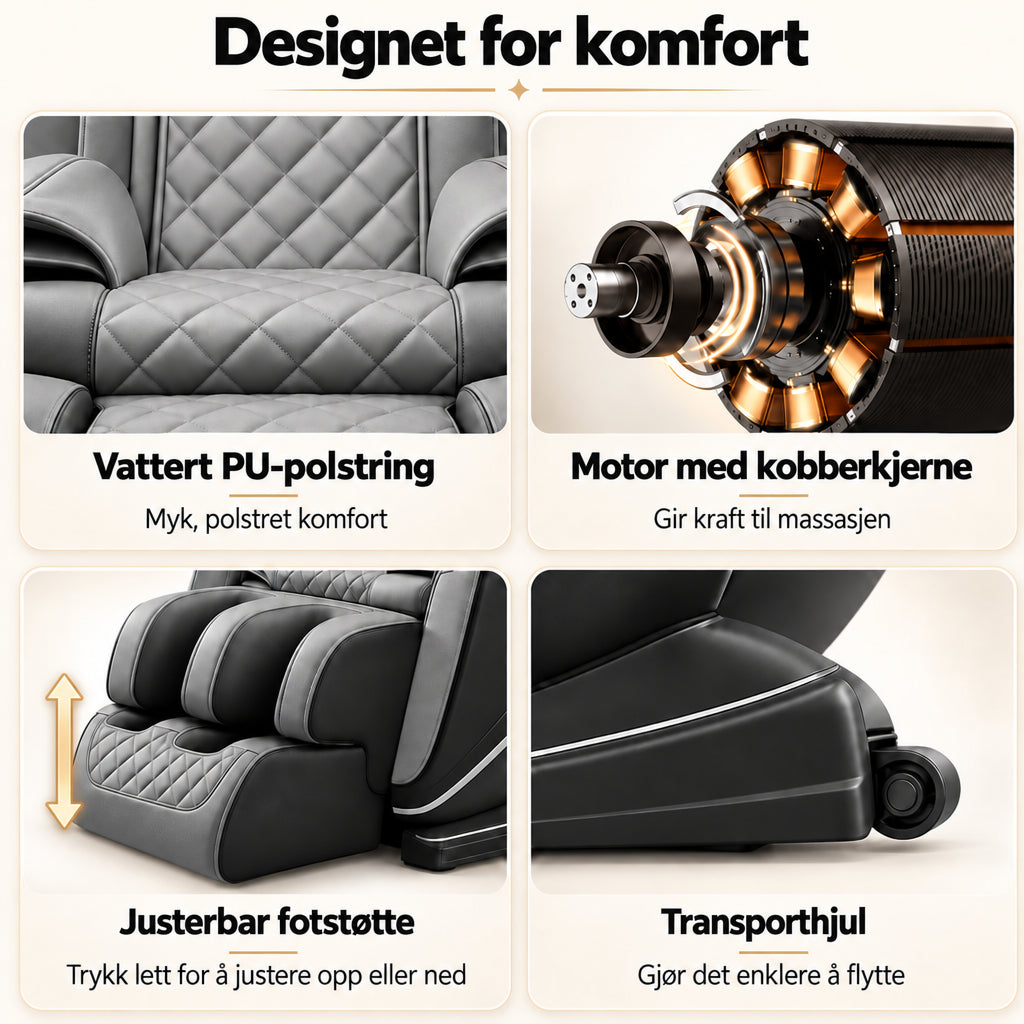 Massasjestol 8D – Zero Gravity, lufttrykksmassasje, varme ved korsrygg og legger – Modell LEK-988Q3