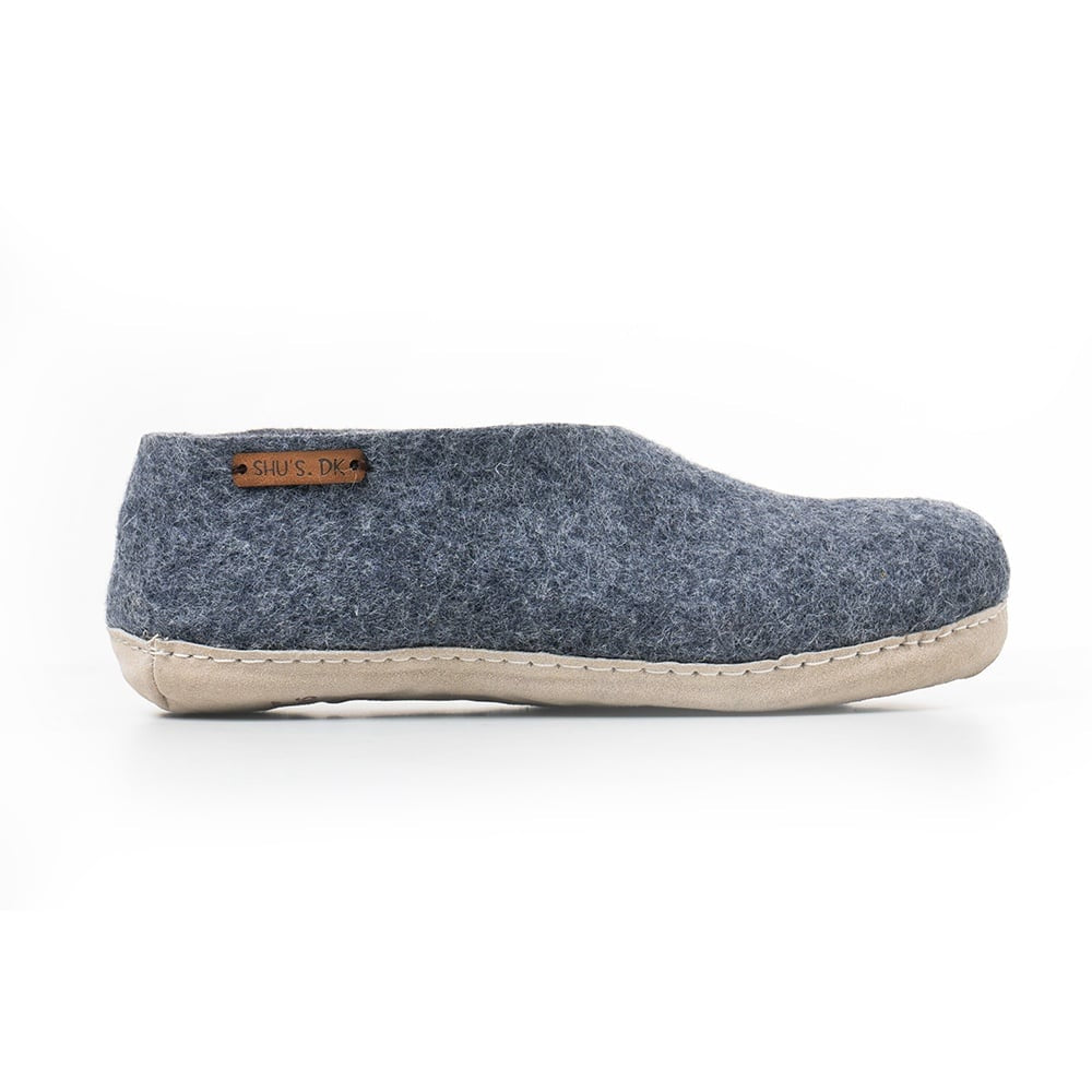 Ulltøfler m/høy hælkappe (100 % ren ull) – Modell Denim m/såle i skinn