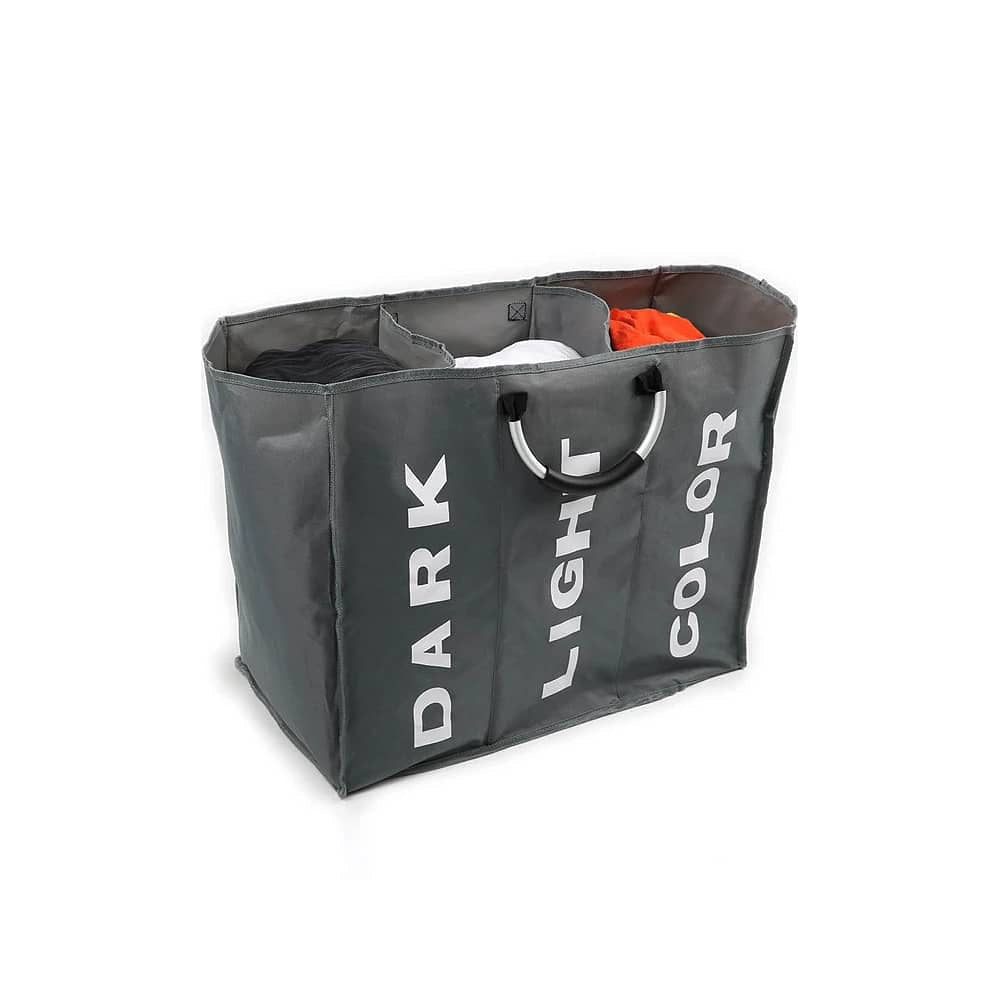 Vasketøyskurv 3 rom – foldbar med håndtak – sort, grå eller lysegrå - Lysegrå