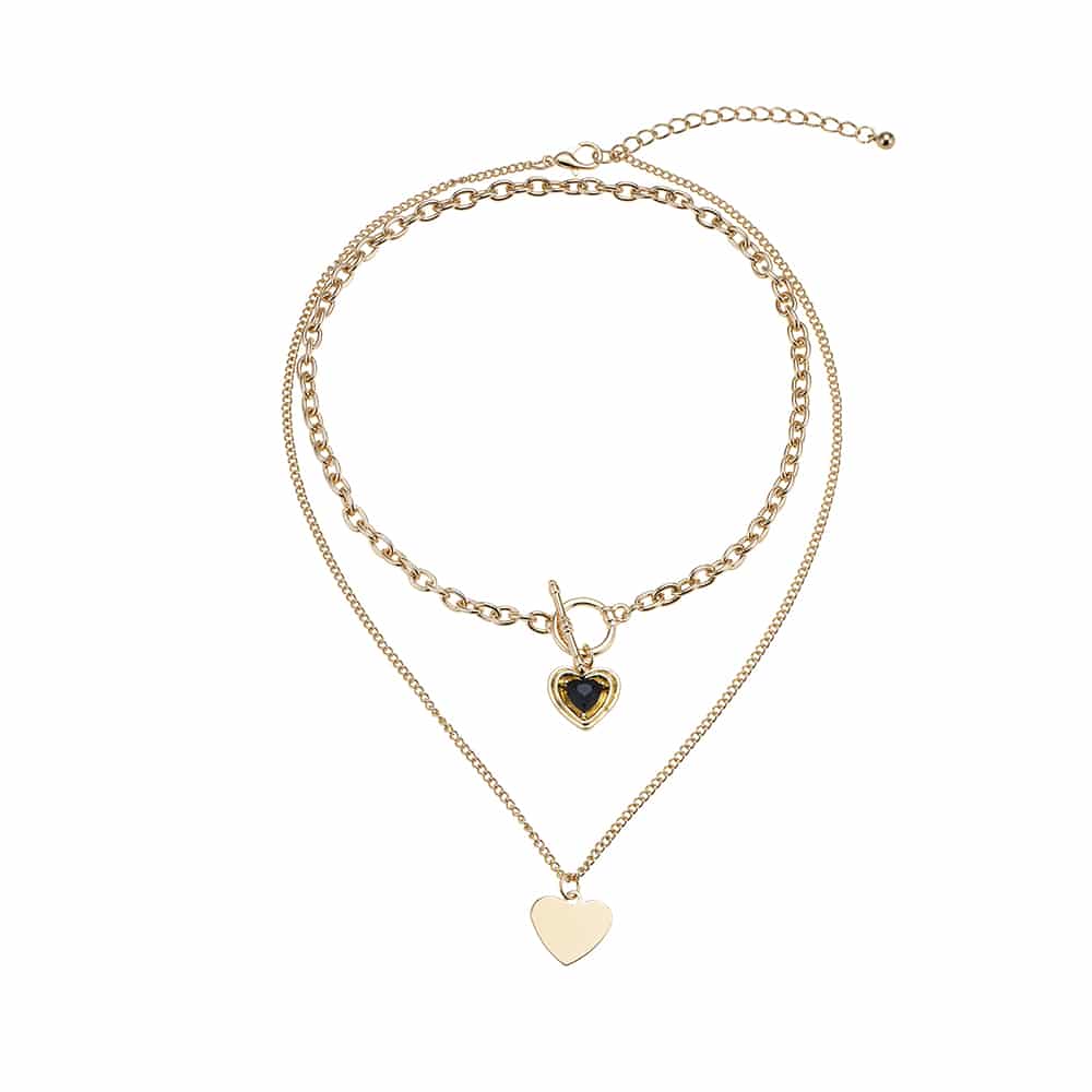 Halskjede gullfarget, dobbelt, 2 små hjerter som anheng