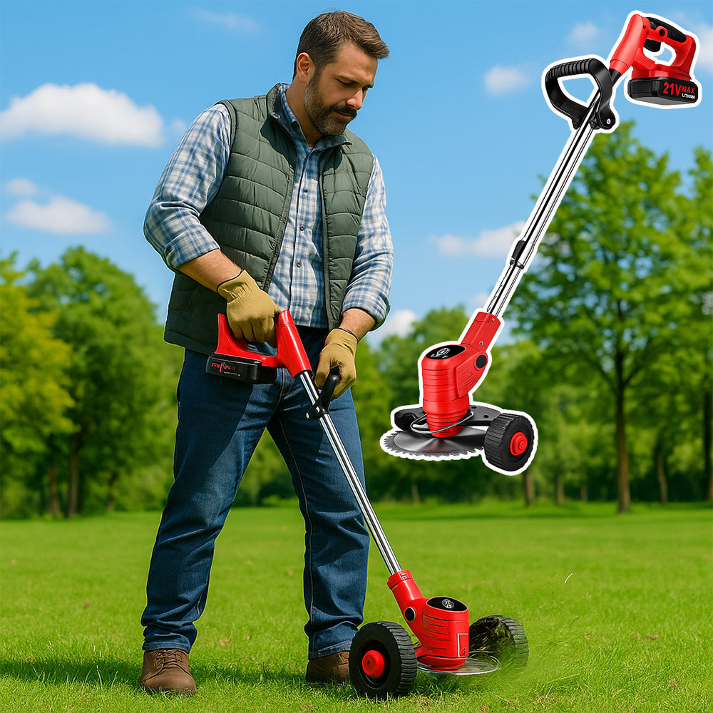 Gresstrimmer og kantklipper med hjul med teleskopskaft og batteri