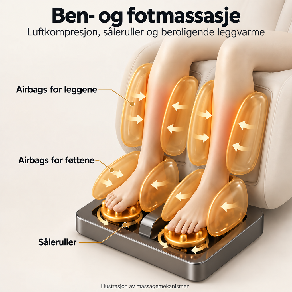 Massasjestol 8D – Zero Gravity, lufttrykksmassasje, varme ved korsrygg og legger – Modell LEK-988Q3