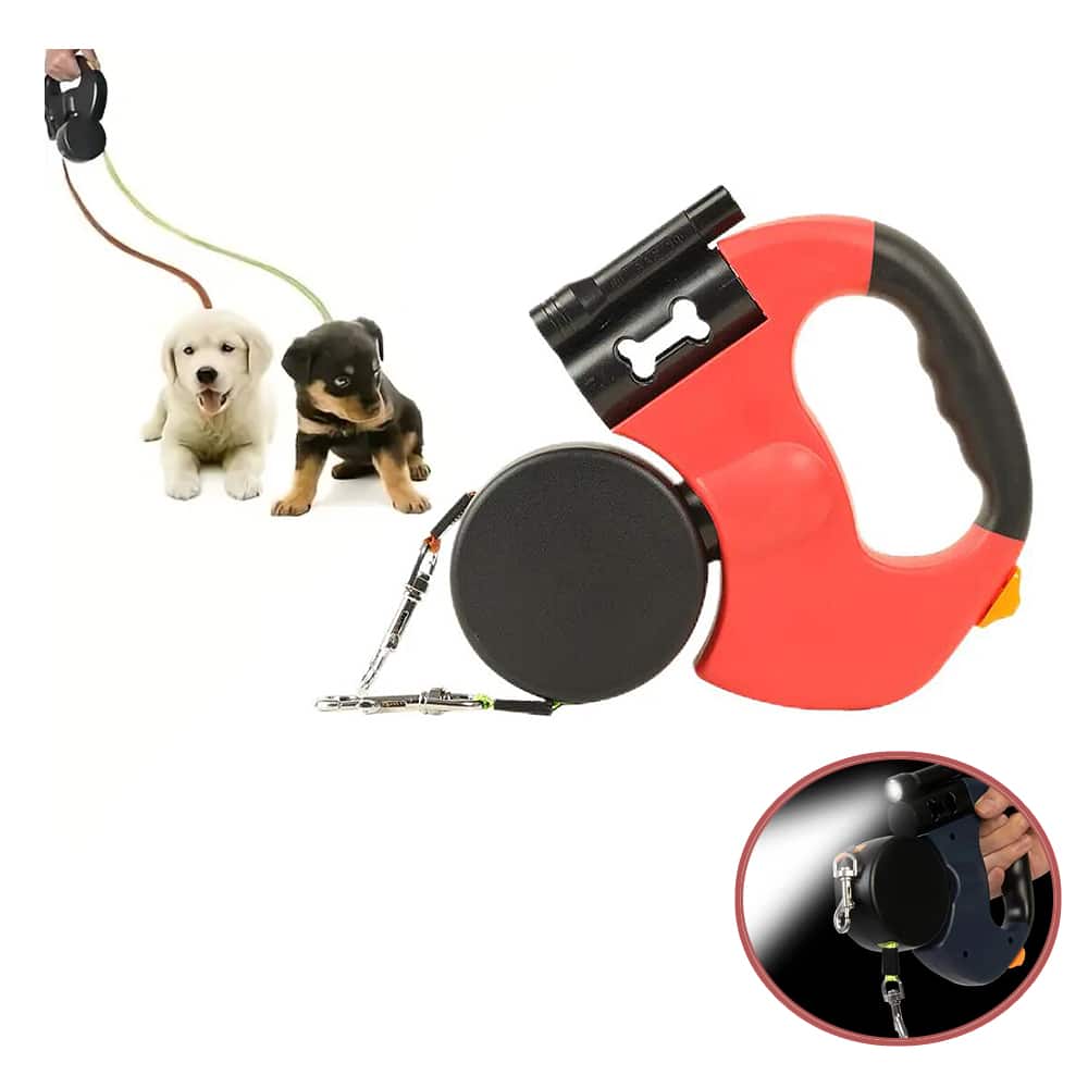 Dobbel Hundebånd med Innebygd LED-Lys og Hundeposeholder