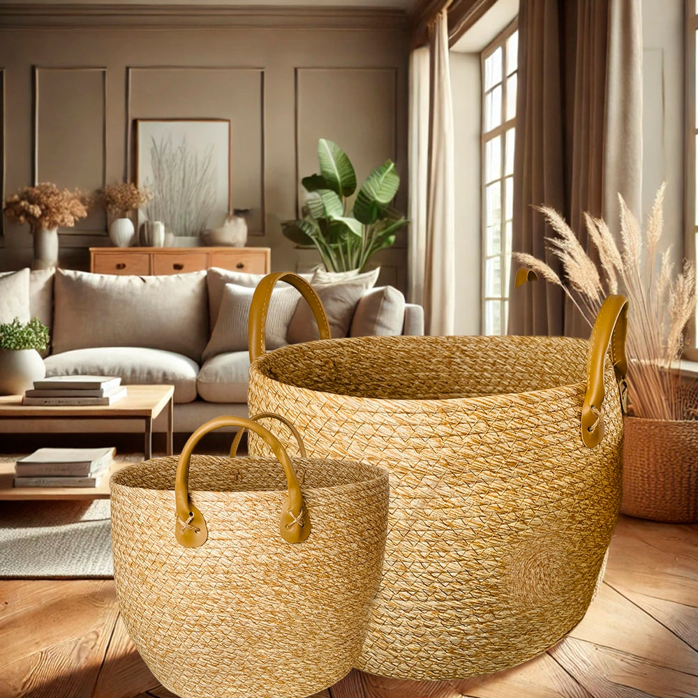 Flettede kurver 3 stk. i sjøgress med kunstlærhåndtak (diameter 31, 28 og 25 cm)