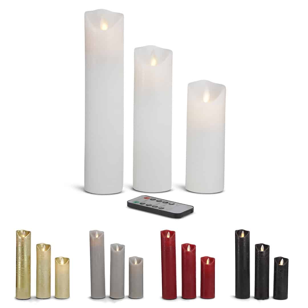 LED stearinlys - 3 stk. - 15/20/25 cm - m/3D-flamme - (flere farger)