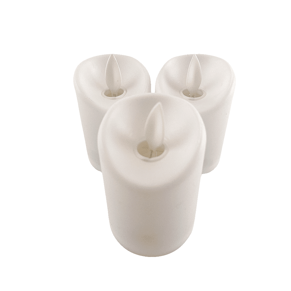 LED-lys i plast - 3 stk. - 7 cm - m/3D flamme og fjernkontroll - hvit