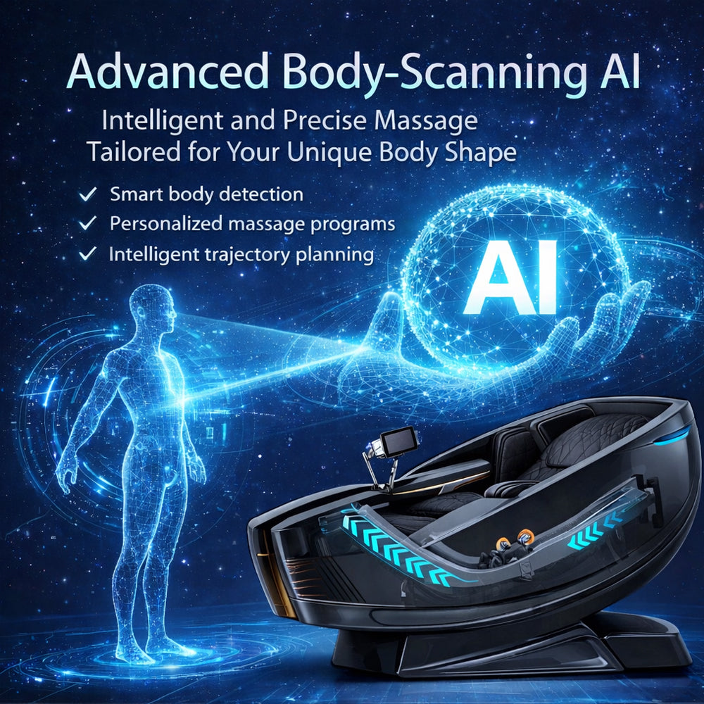 Massasjestol 4D med AI-styring, Dual Zone Stretching, 32 luftputer, varme i ben og rygg samt Zero Gravity