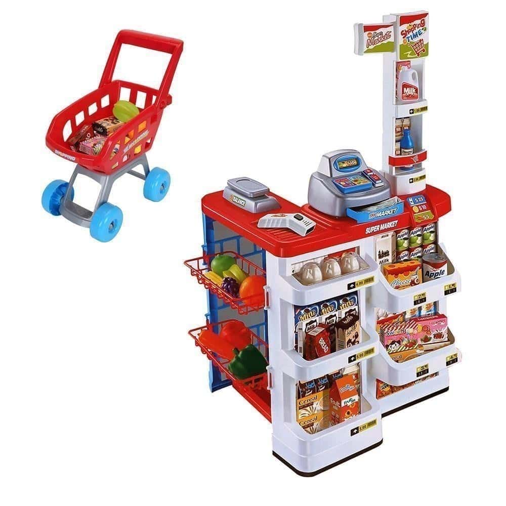 Lege supermarked med kasseapparat og indkøbsvogn