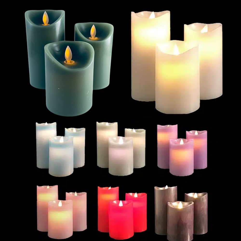 LED blokklys - 3 stk. - 12/15/17 cm - m/3D flamme - (Flere farger)