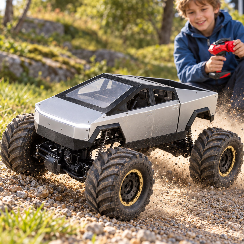 Fjernstyrt offroad-bil med 4-hjulstrekk og rått pickup-design