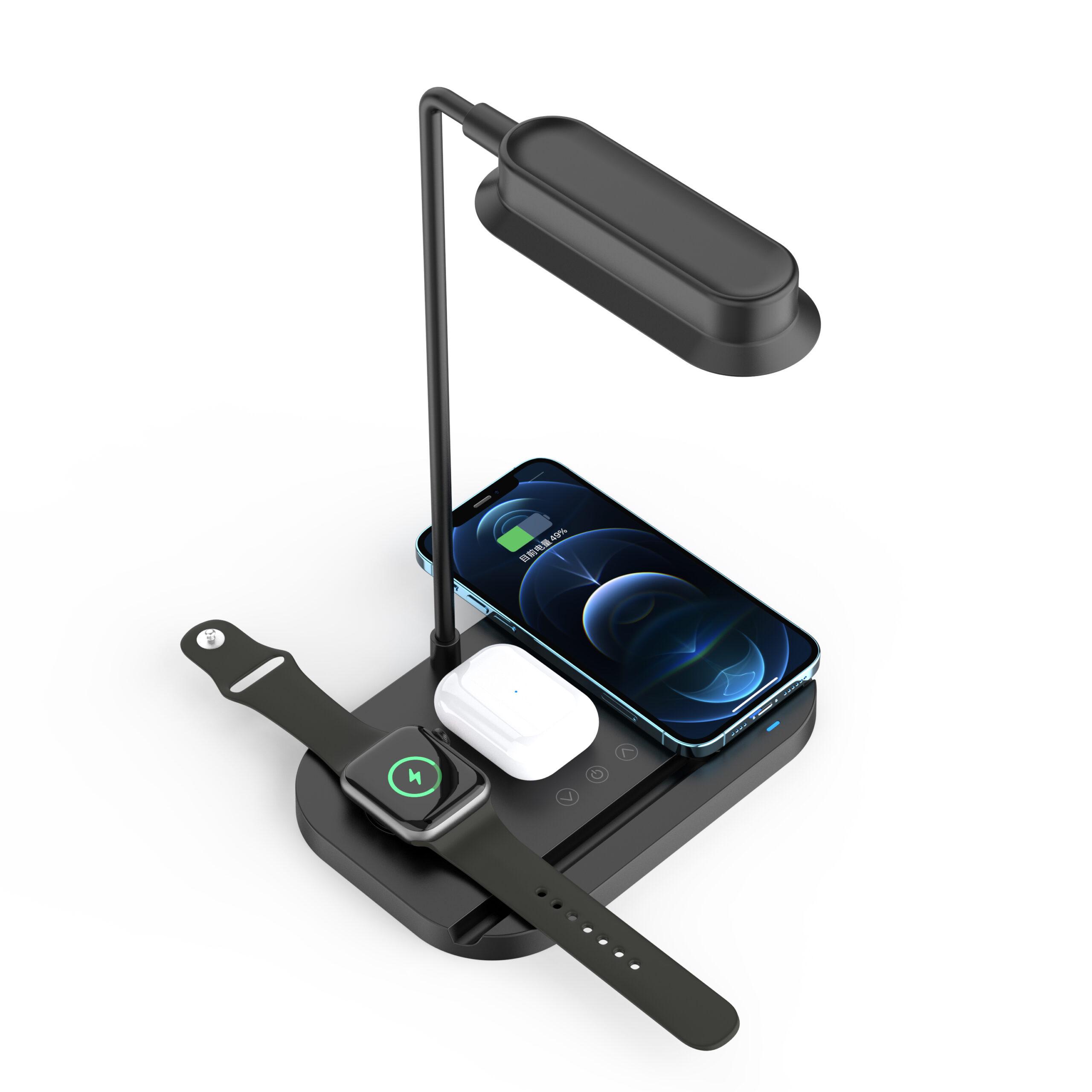 LED-bordlampe m/dimmer og trådløs lader til smarttelefoner (4-i-1)