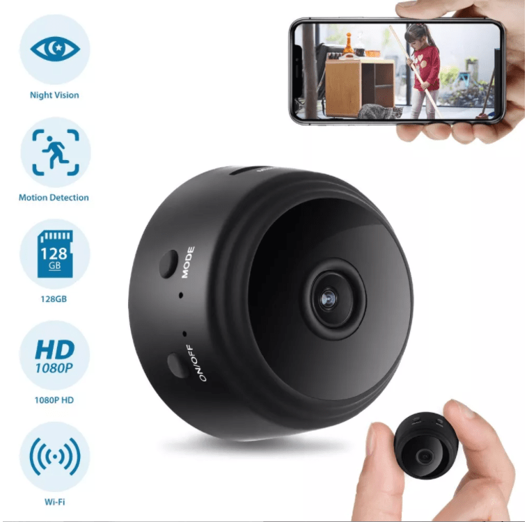 Mini HD-overvåkningskamera (mål 44 x 24 mm) m/eget batteri & bevegelsesføler