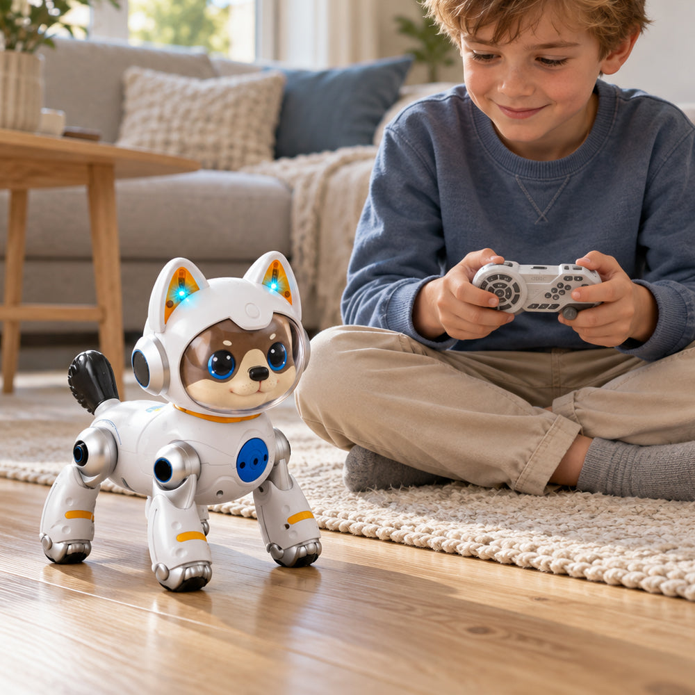 Fjernstyrt robothund med lys, musikk og morsomme triks