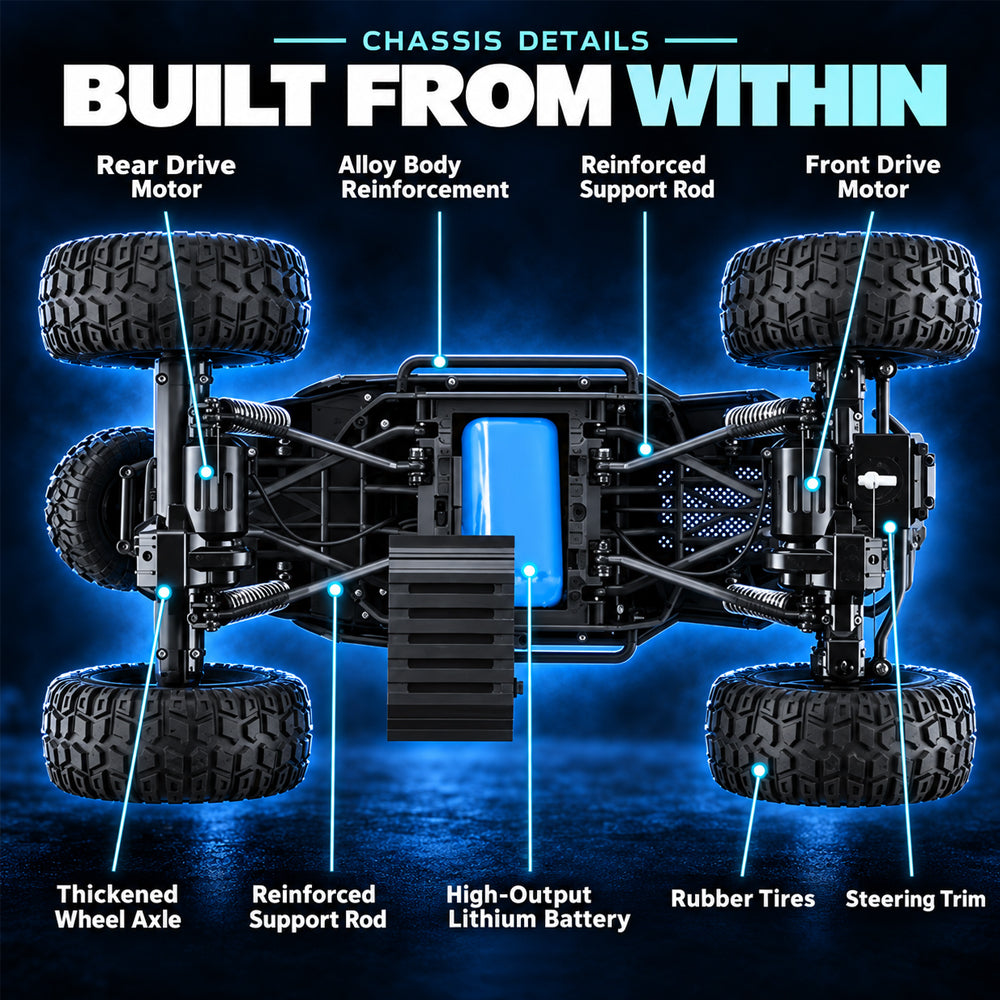 Fjernstyrt offroad-bil med 4-hjulstrekk og rått pickup-design
