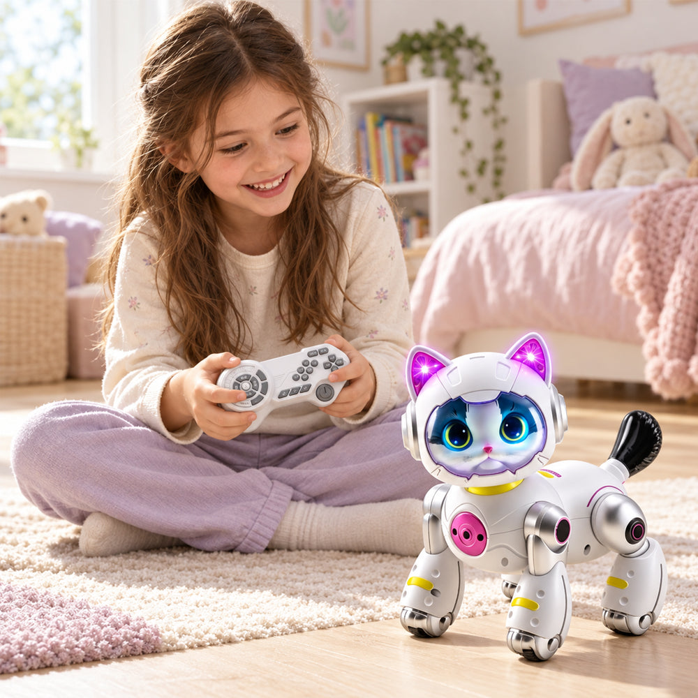 Fjernstyrt robotkatt med lys, musikk og morsomme triks