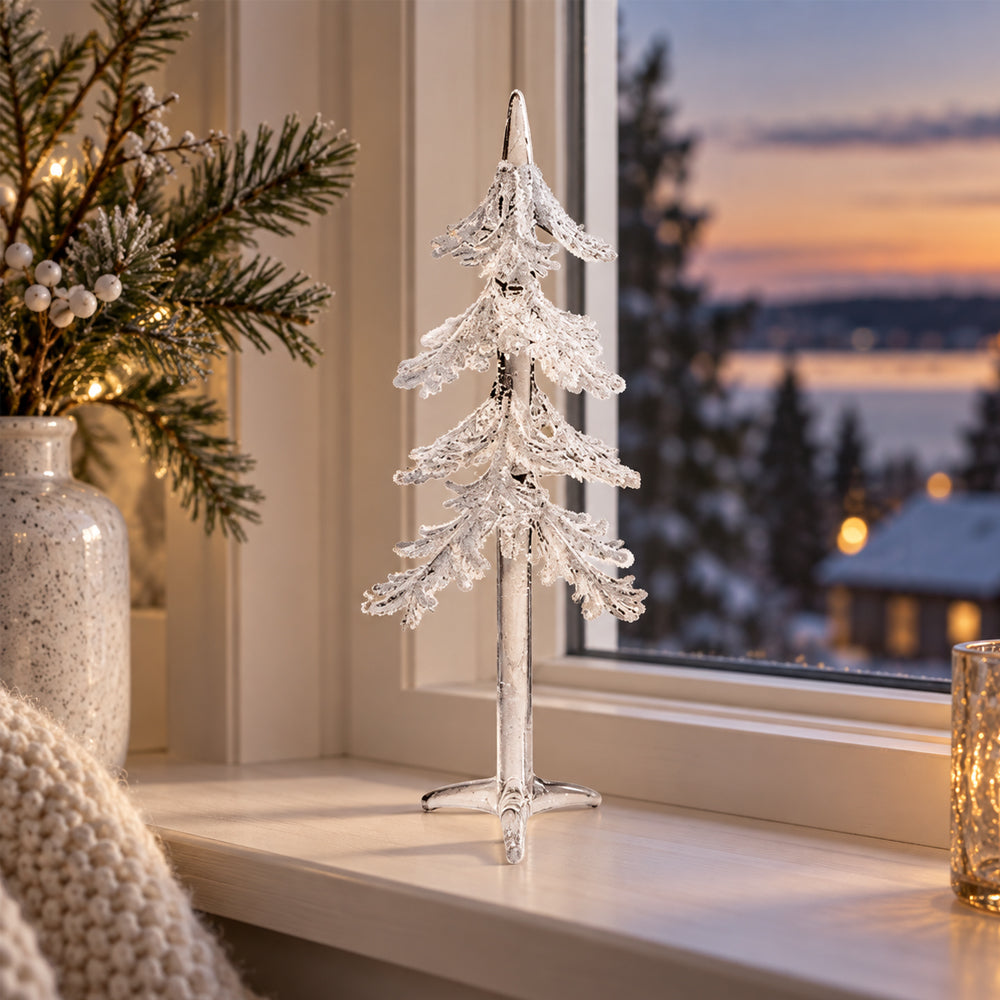 Elegant glassjuletre 22 cm m/snø – transparent juledekorasjon