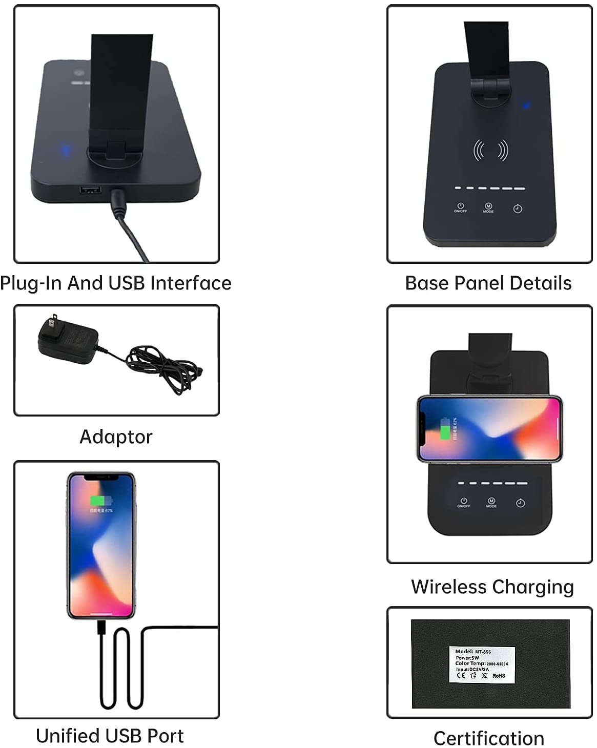 LED-bordlampe/Sammenleggbar lampe med timer & trådløs lader