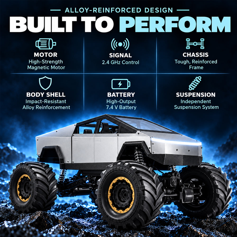 Fjernstyrt offroad-bil med 4-hjulstrekk og rått pickup-design