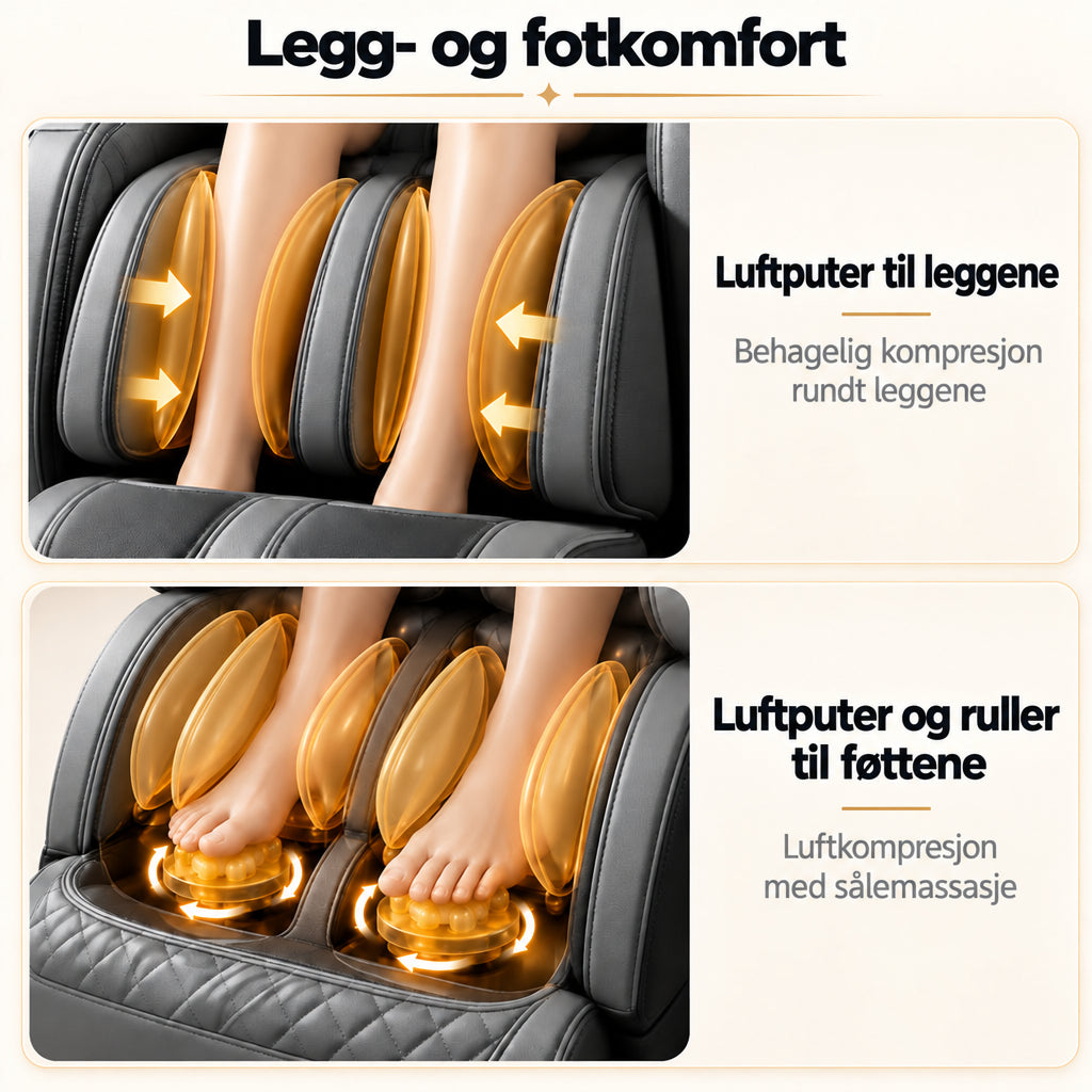 Massasjestol 8D – Zero Gravity, lufttrykksmassasje, varme ved korsrygg og legger – Modell LEK-988Q3