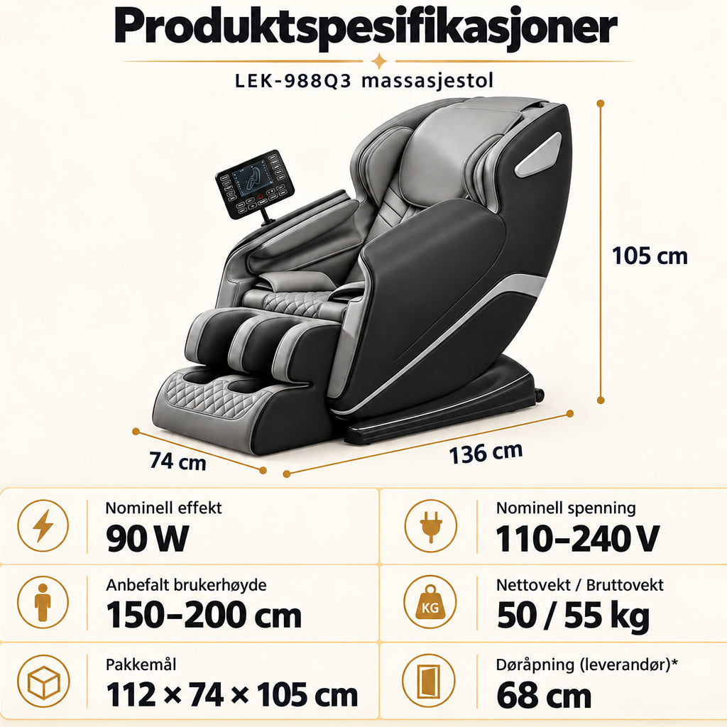 Massasjestol 8D – Zero Gravity, lufttrykksmassasje, varme ved korsrygg og legger – Modell LEK-988Q3