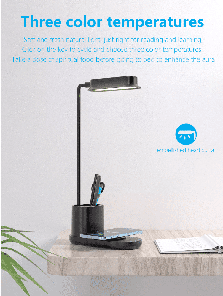LED-Bordlampe m/dimmer og trådløs lader til smarttelefoner (3-i-1)