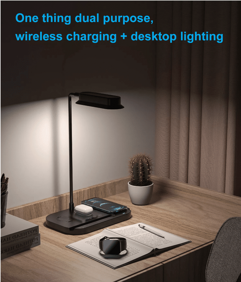 LED-bordlampe m/dimmer og trådløs lader til smarttelefoner (4-i-1)