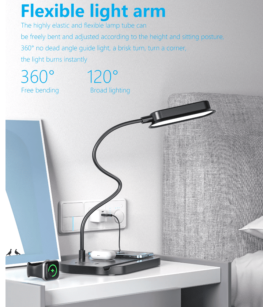 LED-bordlampe m/dimmer og trådløs lader til smarttelefoner (4-i-1)