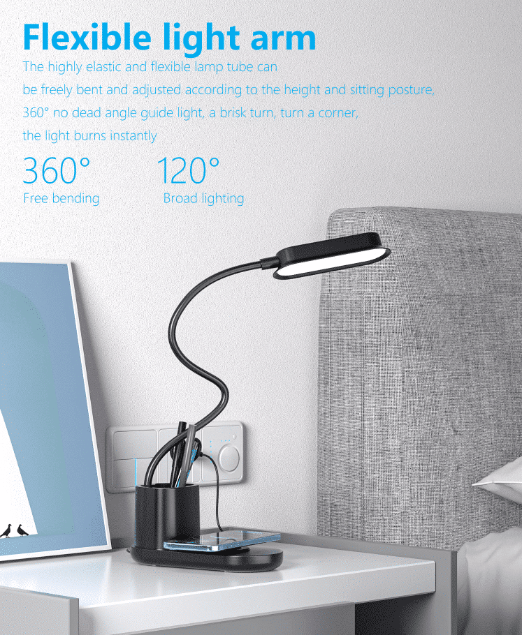 LED-Bordlampe m/dimmer og trådløs lader til smarttelefoner (3-i-1)