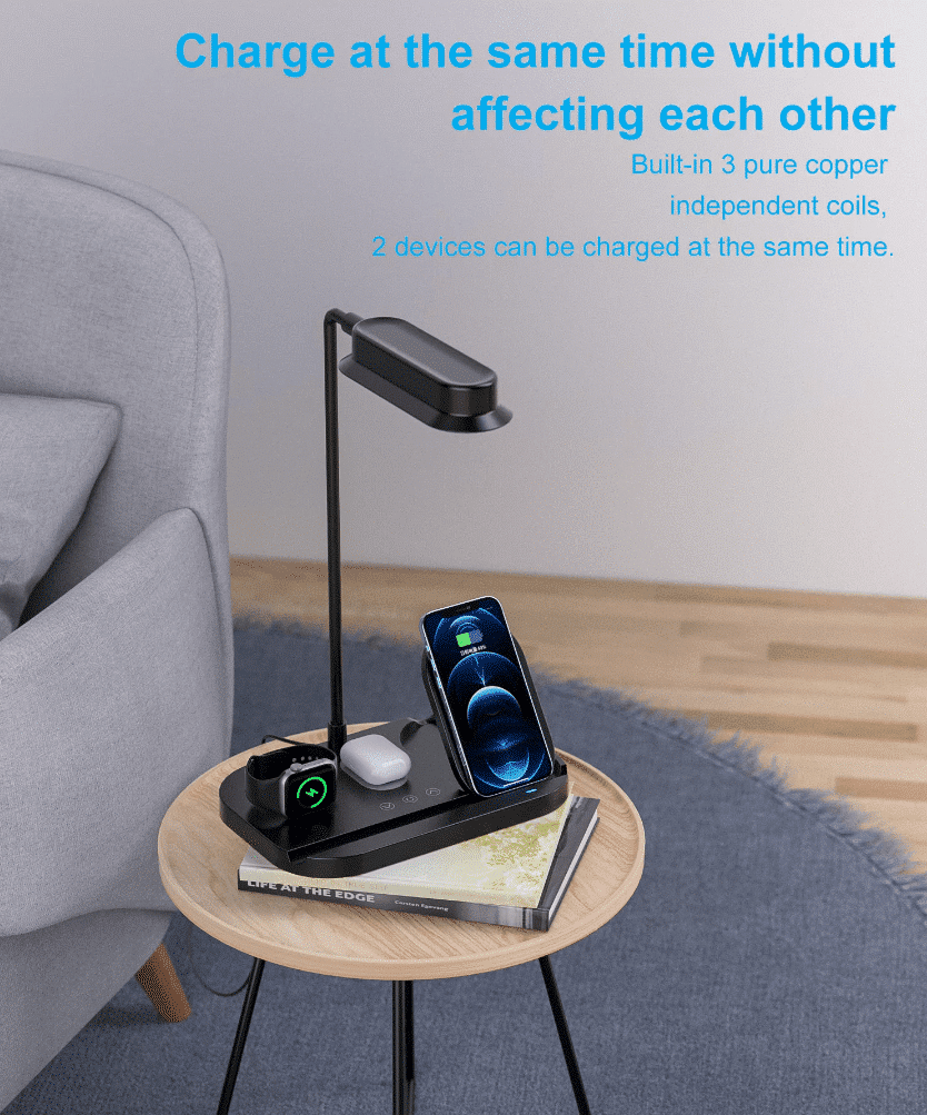 LED-bordlampe m/dimmer og trådløs lader til smarttelefoner (4-i-1)