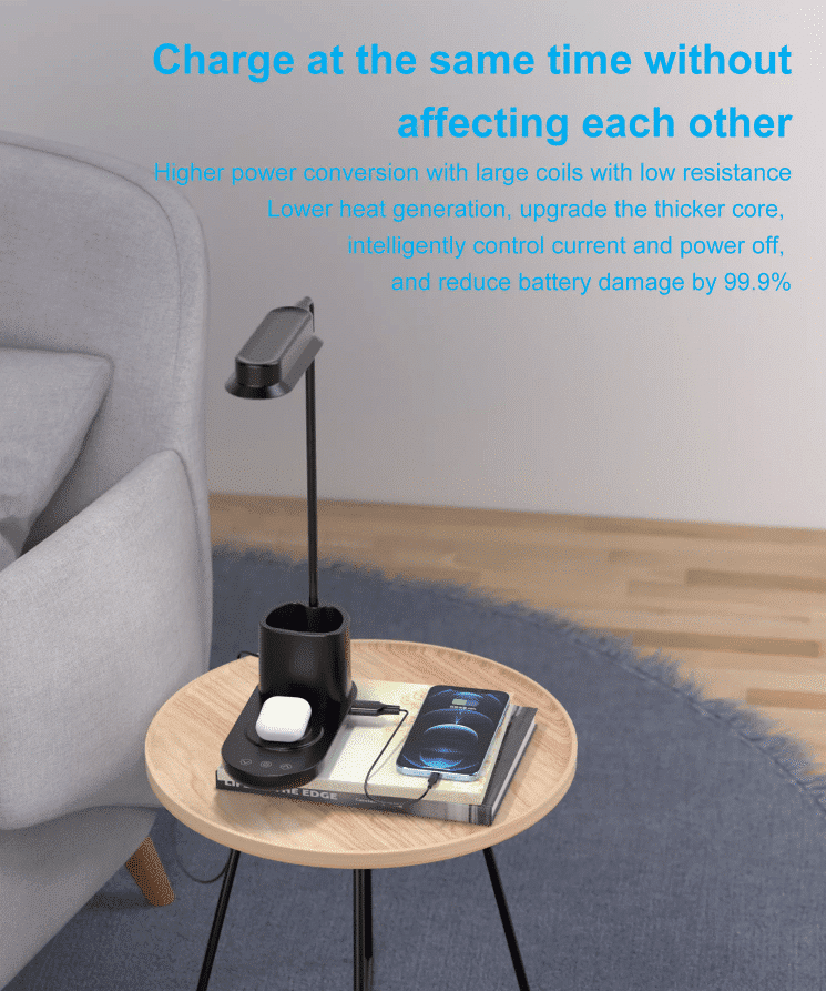 LED-Bordlampe m/dimmer og trådløs lader til smarttelefoner (3-i-1)