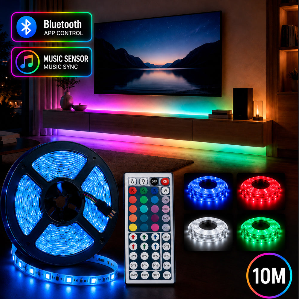 LED-strip lyskjede 10 meter m/bluetooth, musikksensor & fjernkontroll