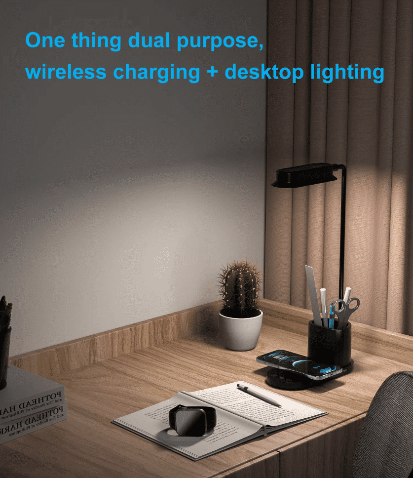LED-Bordlampe m/dimmer og trådløs lader til smarttelefoner (3-i-1)