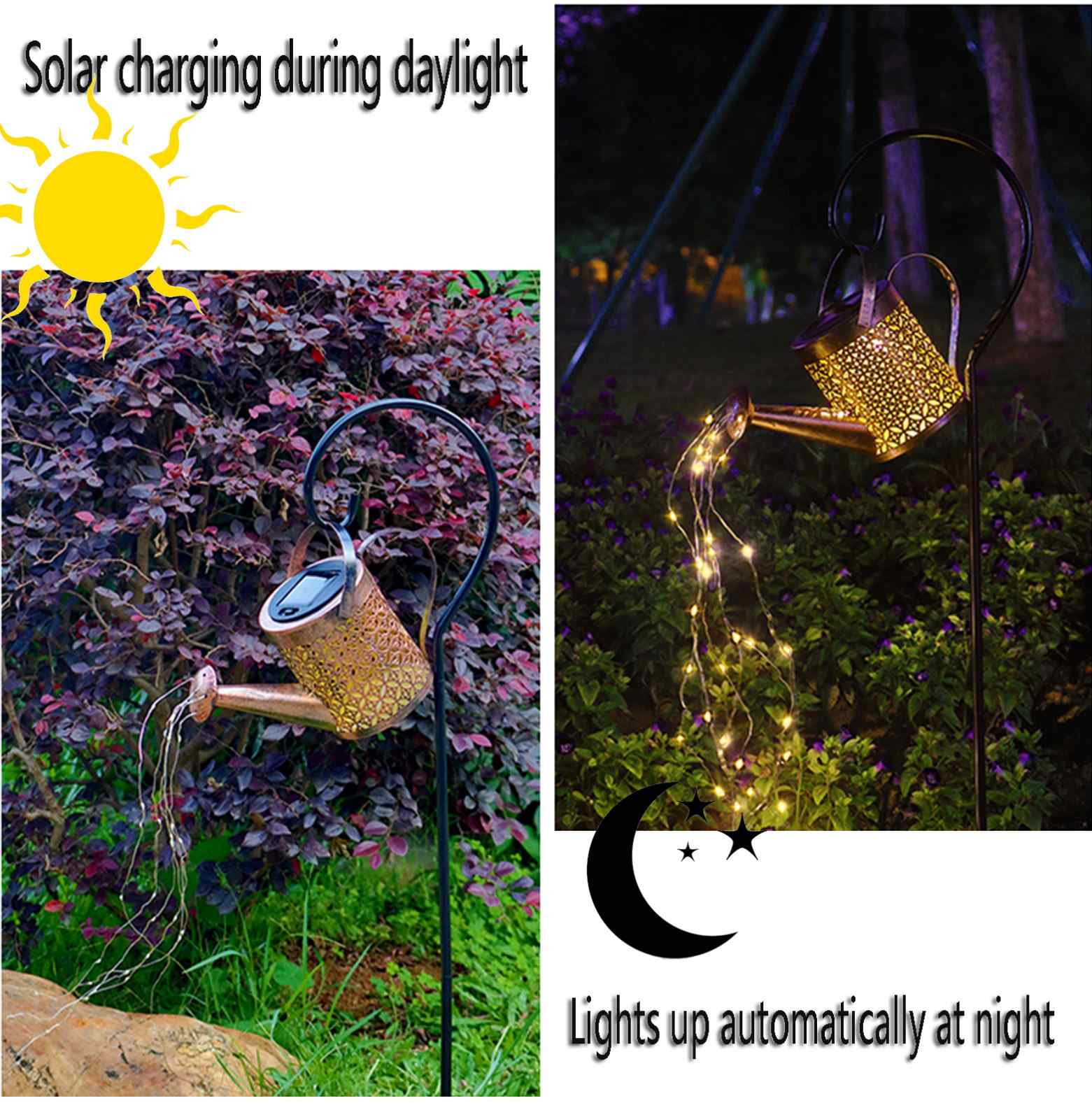 Solcelledrevet vannkanne og LED-lampe til hagen