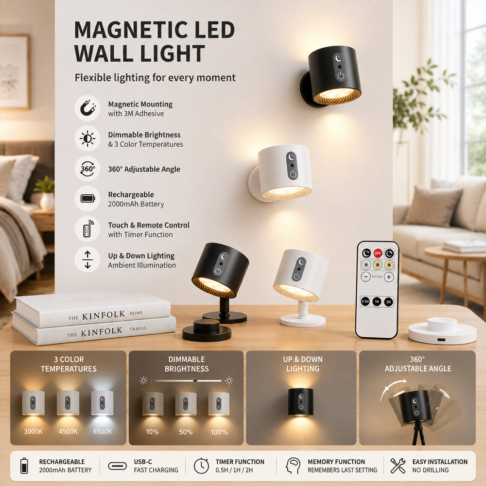 LED-nattlampe 360° roterbar, magnetisk, 3 fargetemperaturer – hvit eller svart