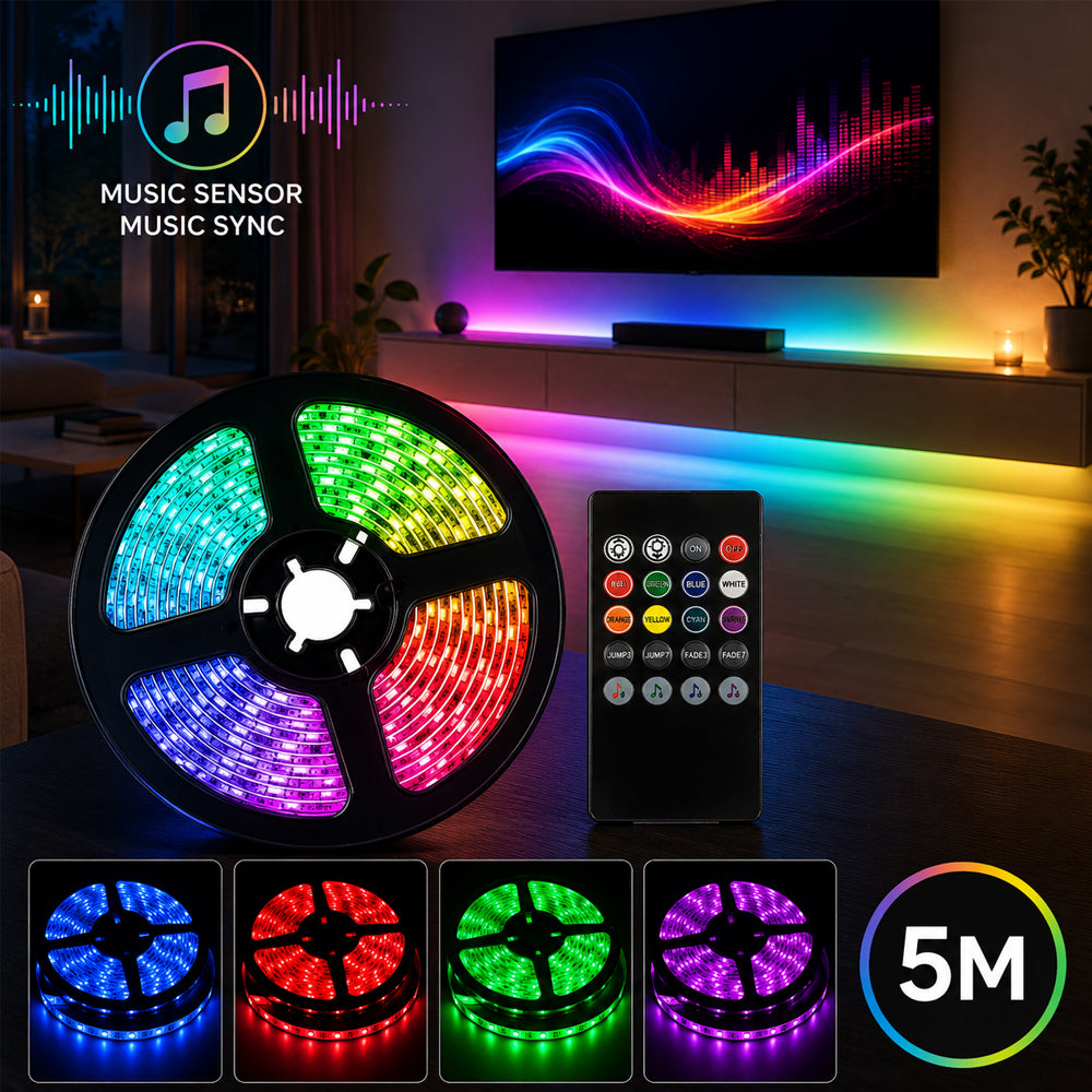 LED STRIP 5m. - en lyskjede med fjernkontroll og musikksensor (kan blinke etter din musikk og tale)