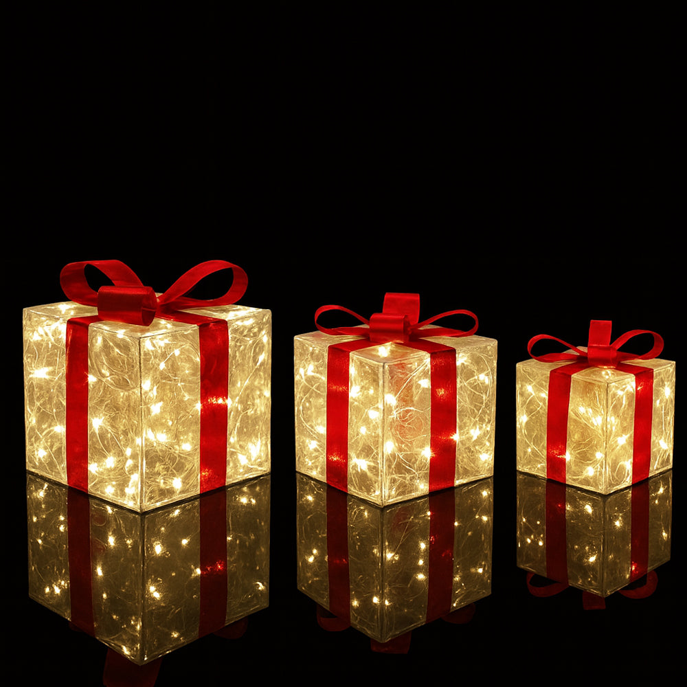 LED-gaveeske, Transparent med Røde Sløyfer - Sett med 3 -