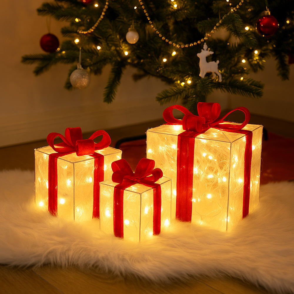 LED-gaveeske, Transparent med Røde Sløyfer - Sett med 3 -