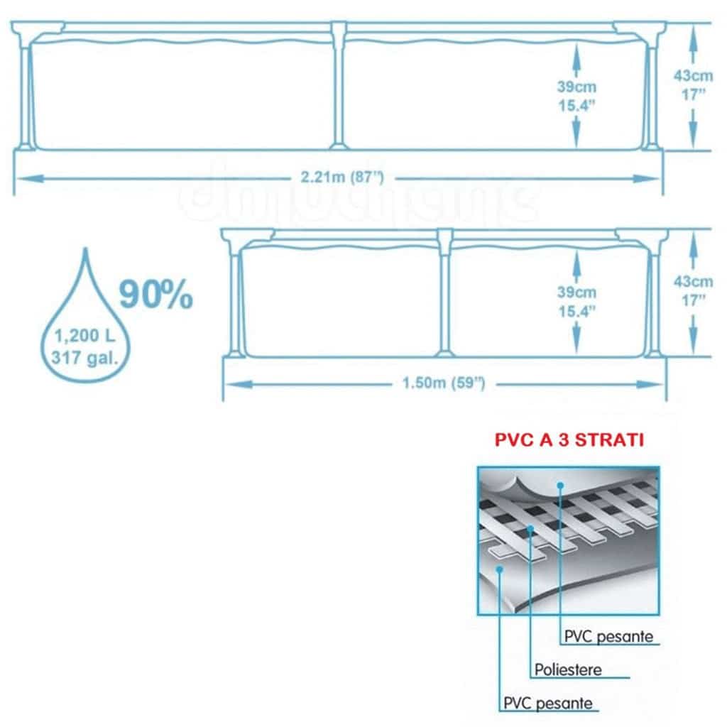 Bestway Pool 1200L - Rektangulær med metallramme 221 x 150 x 43 cm