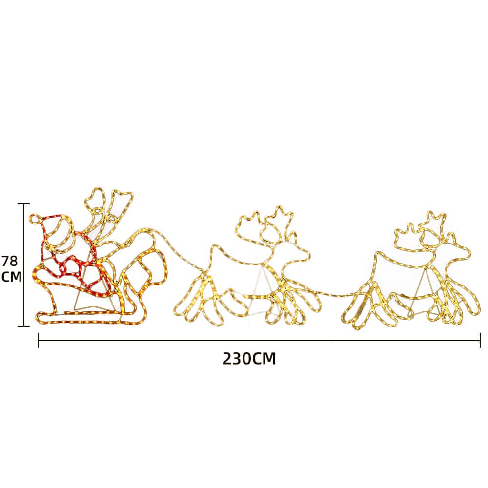 Julenissen, reinsdyr og slede - 230 cm med LED-lys -