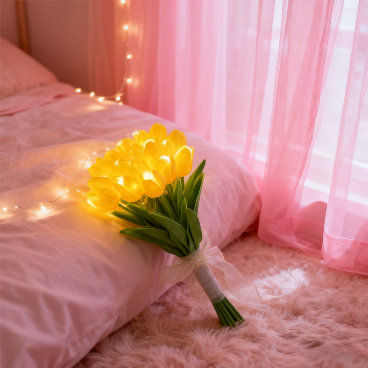 LED-tulipanbukett – 10 hvite tulipaner med varmt stemningslys