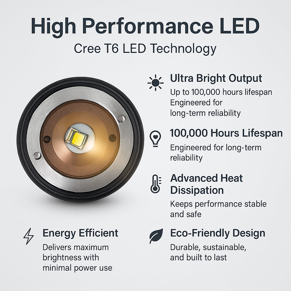 Taclight LED zoomlommelykt (vanntett og støtsikker) m/5 funksjoner