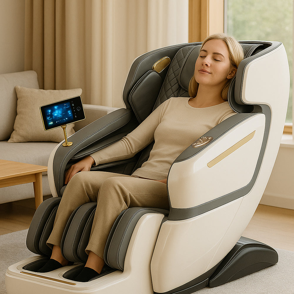 Massasjestol 4D Luksus Pro+ med SL-teknologi, Varme­terapi, Stemmestyring & Touchskjerm - Modell M5 hvit