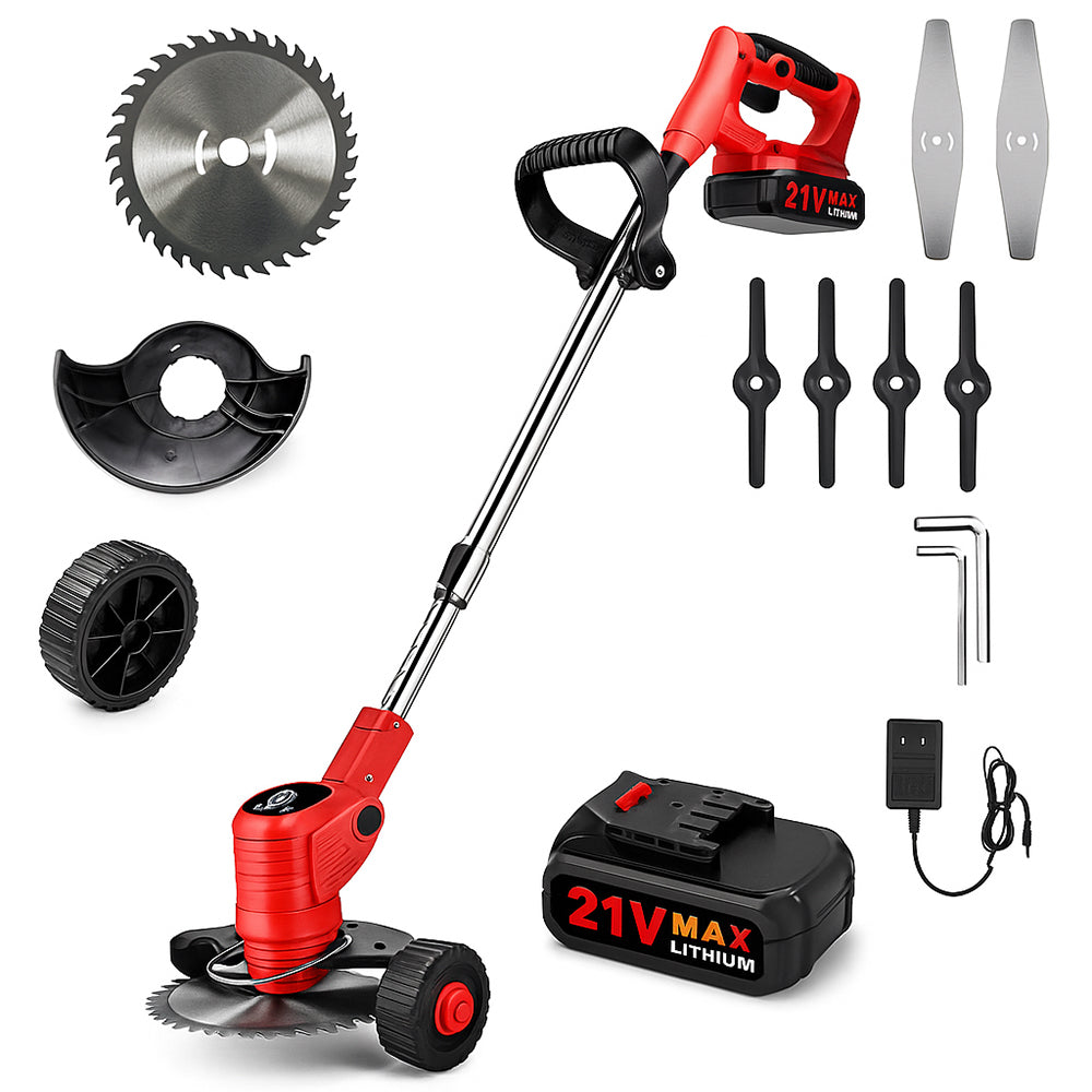 Gresstrimmer og kantklipper med hjul med teleskopskaft og batteri