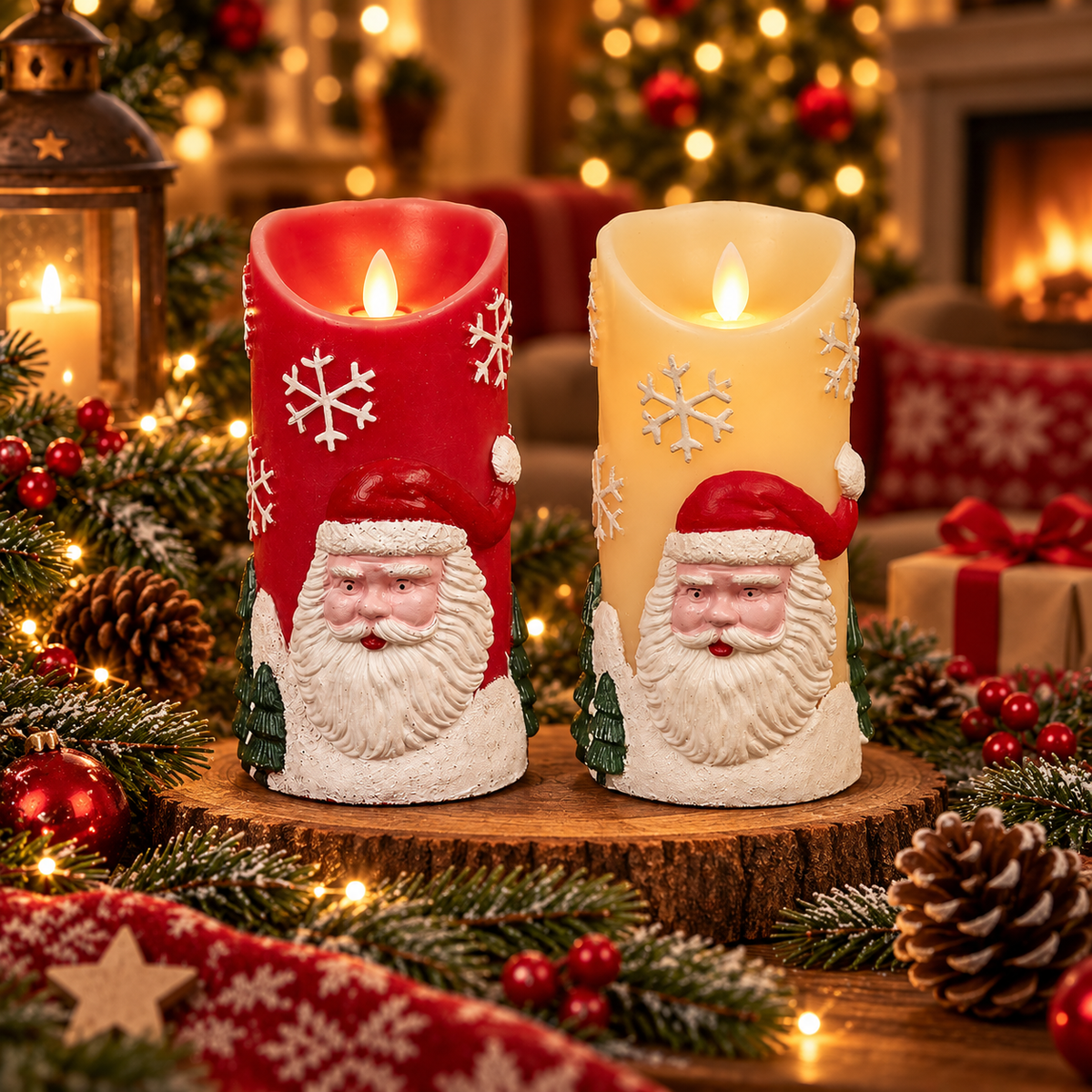 LED-lys med julemotiv - Ø9 x 18 cm - (Rød eller Hvit)