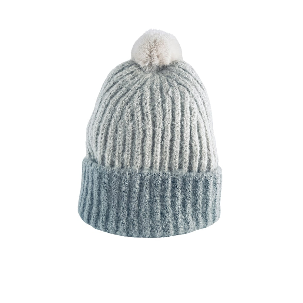 Trendy strikkelue med dusk og brettekant