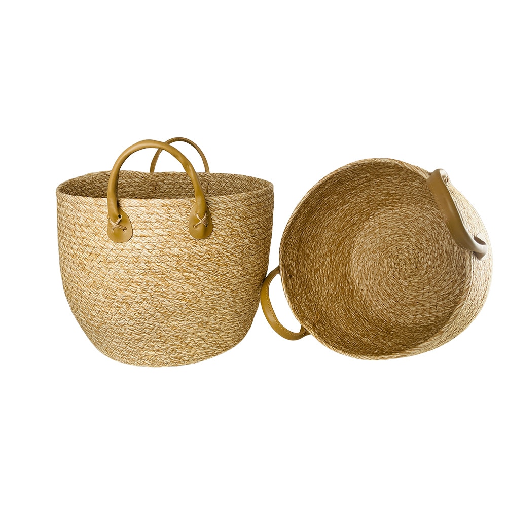 Flettede kurver 3 stk. i sjøgress med kunstlærhåndtak (diameter 31, 28 og 25 cm)
